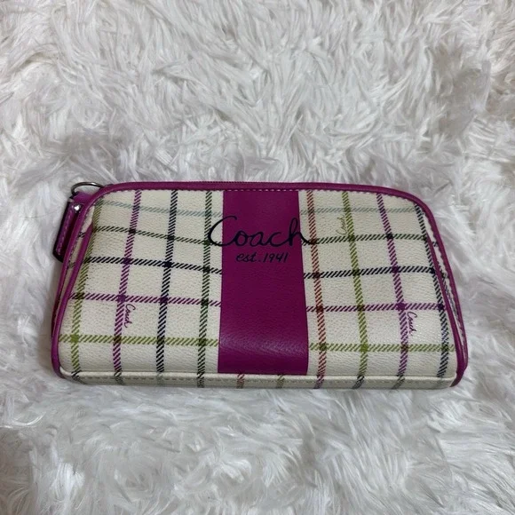 Coach Peyton Tattersall Coated Canvas and Leather Plaid Pink Stripe Cosmetic Bag - Picture 2 of 9
